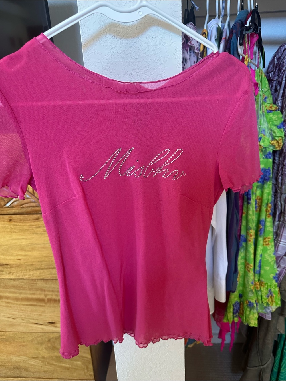 Misbhv Fuchsia Short Sleeve Scoop Neck Tee with Rhinestone Logo